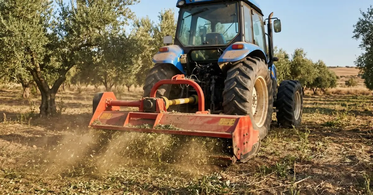 Trituradora agrícola trabajando en olivar con martillos de trituradora en funcionamiento durante la trituración de restos de poda.