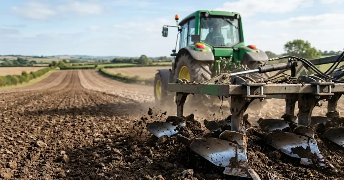 Tipos de rejas para cultivadores trabajando en un tractor durante el laboreo de un terreno agrícola.